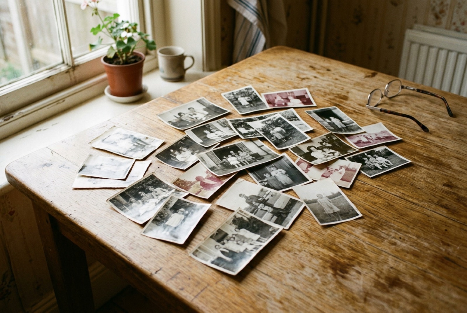Old family photographs spread out on a table