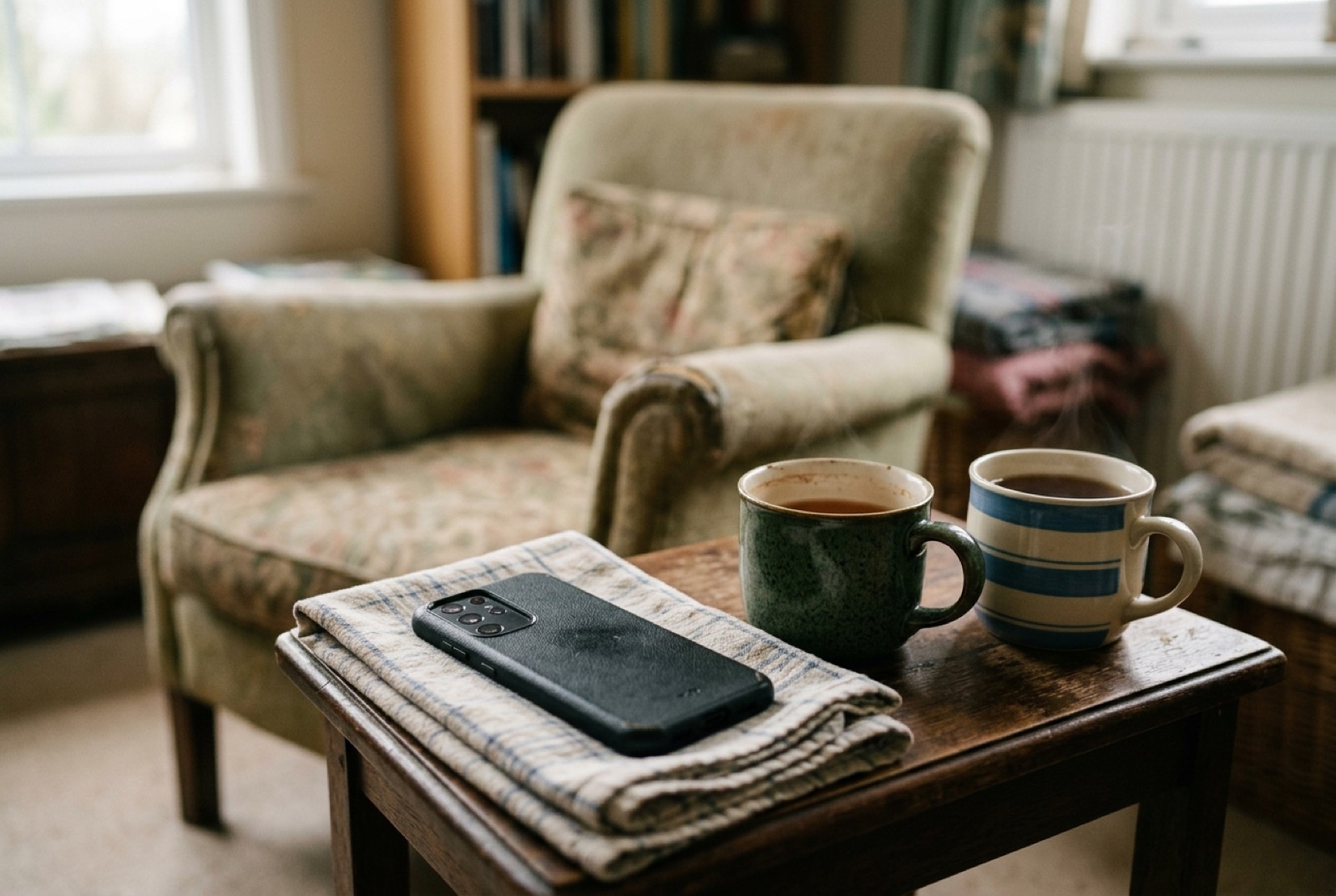 A small recorder on a table between two people talking