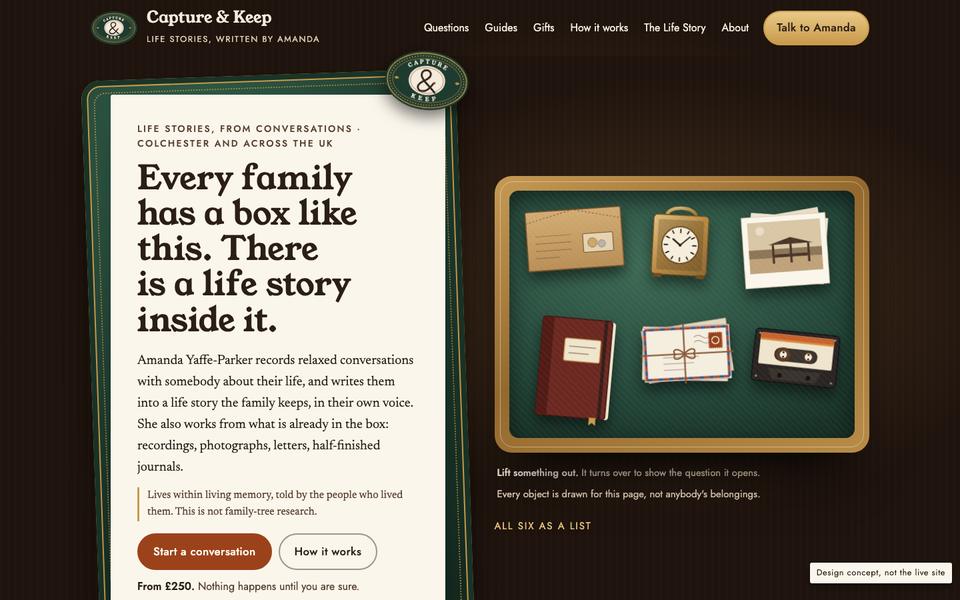 First screen of The Kept Box at desktop width