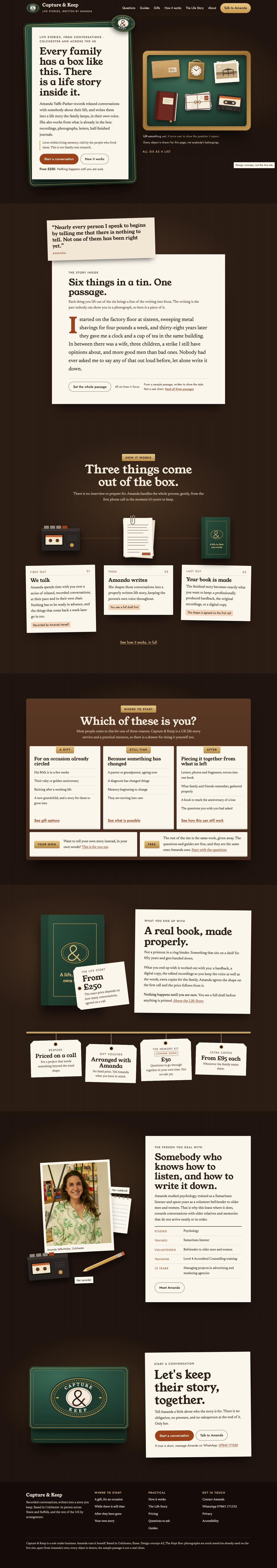 Homepage, desktop of The Kept Box, full page